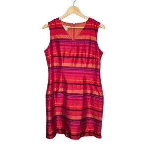 JILLIAN JONES Silk Sheath Dress 8 V-Neck Stripes Pink Orange Purple Sleek Vtg